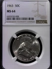 1963-P  50C FRANKLIN SILVER HALF DOLLAR  PHILADELPHIA MINT NGC MS64