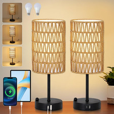 Dimmable Touch Table Lamp Set of 2 with USB Charging  Rattan Shade