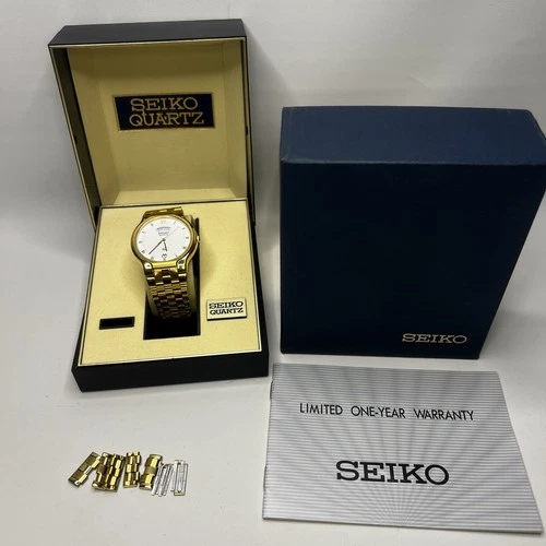 New Vintage Seiko Quartz Gold Tone Day Date Watch Box Extra Links Japan Working