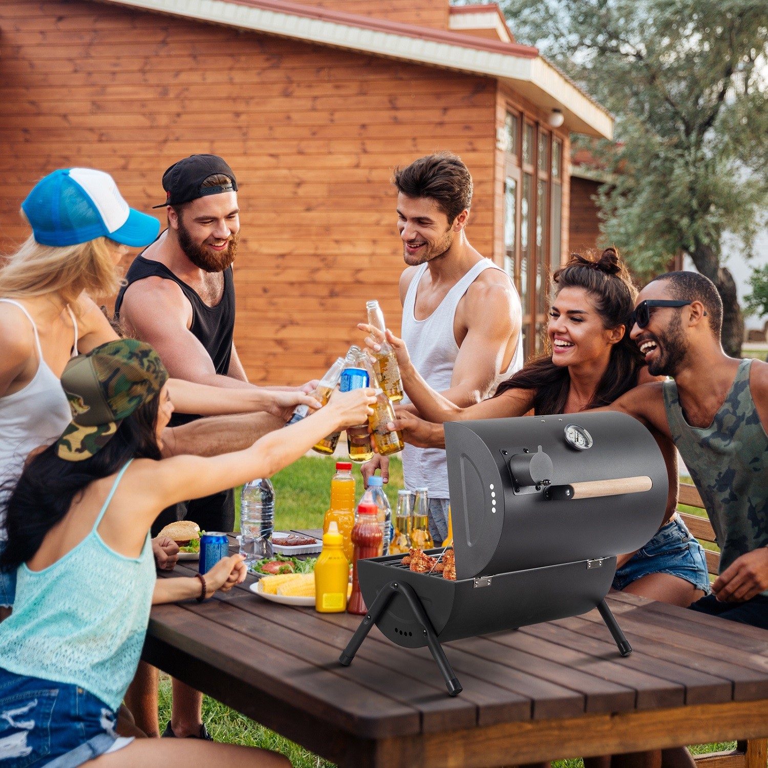 Portable Charcoal Grill with Thermometer Tabletop Barbecue Grill w/ Top Chimney