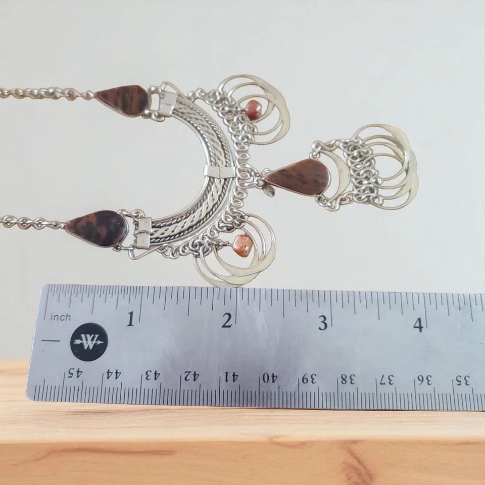 Colar declaração boho tom prata jaspe franja pendurada estilo tribal étnico 20" - Imagem 4 de 4