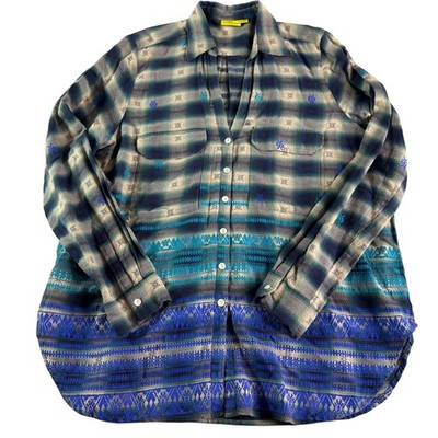 Roberta Roller Rabbit Cotton Button Front Shirt XL Plaid Boho India Blue Green