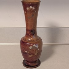 Vtg Hand Carved Wood Bud Vase w/ Floral Design 10"
