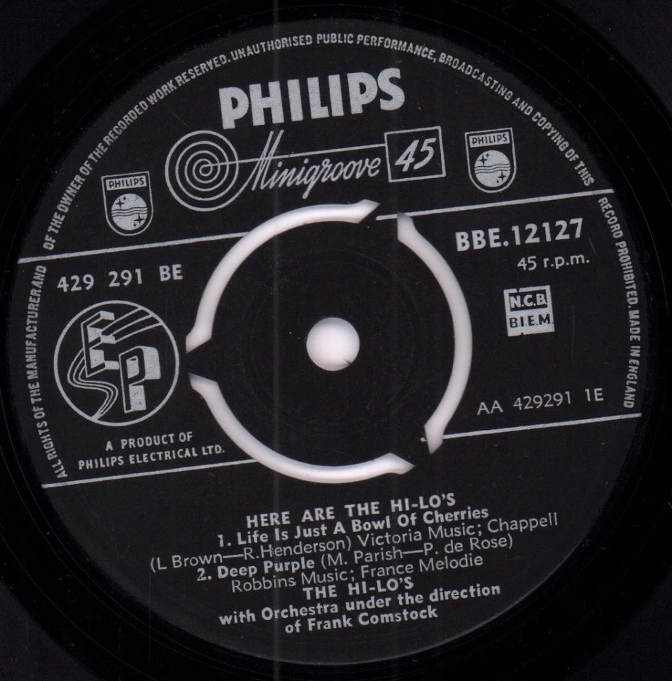 Hi-Lo's Here Are the Hi-Lo's 7" vinyl UK Philips 1957 ep 3 prong label design - Image 3 of 3