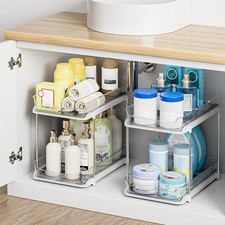 2 Tier Under Sink Organizer Pull Out Storage Drawers Stackable White 2 Pack