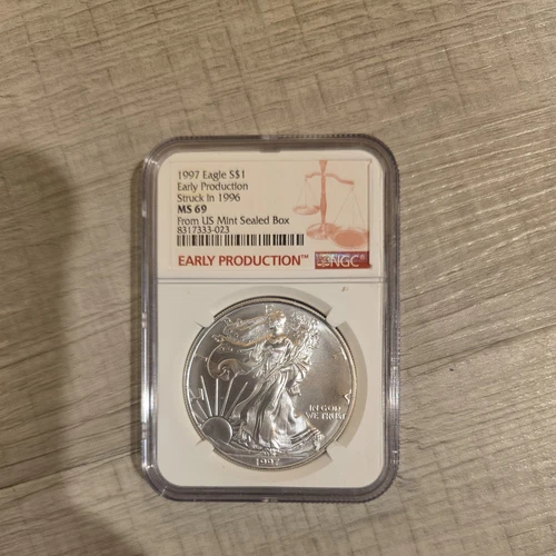 1997 MS 69 Silver Eagle EARLY PRODUCTION Struck In 1996 NGC lists Value at $1000