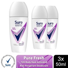 3x Sure Women Motion Sense AP Deodorant Rollon 72H Nonstop, Pure Fresh - 50ml