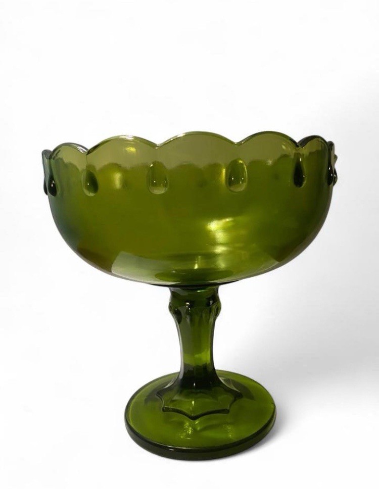 Vintage Avocado Green Indiana Glass Candy Dish Mid Century