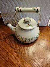 Lenox Holiday Tea Kettle Holly Berry Metal Enamel Gold Trim Teapot with Lid