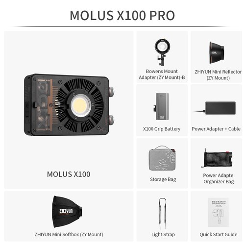 Zhiyun Molus X100 Pro 100W 2700K-6500K Bi-Color COB Led Video Light Photography