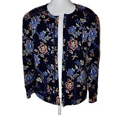 LOFT Blazer 12 Navy Floral Long Sleeve Open Front Jacket Pockets Ann Taylor