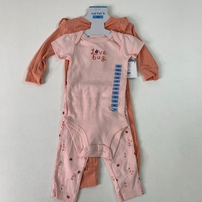 Carters 3-Piece Love Bug Outfit Set 9M Pink Bodysuit, Printed Dot Pants, Sleeper