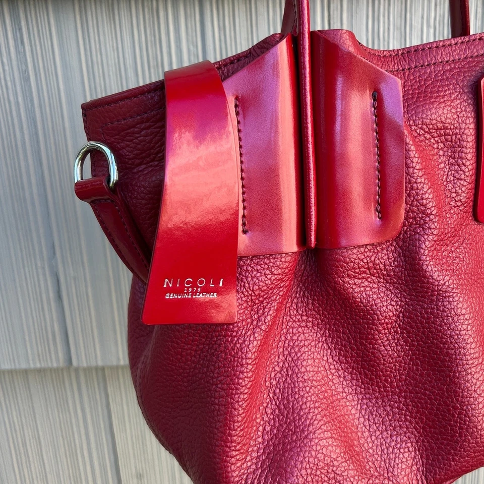 Nicoli 1975 Red Genuine Leather Double Strap Crossbody Handbag - Image 4 of 4