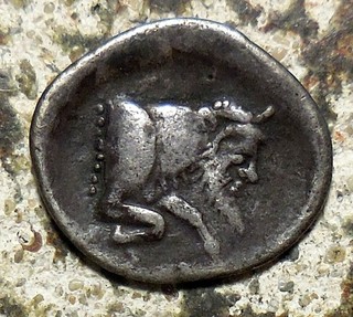 Sicily Gela 465 450 BC. Silver Litra 13 mm 0.68 g Man Headed Bull / Horse