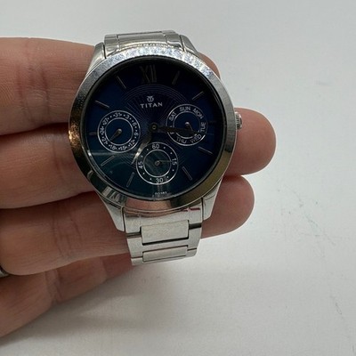 Titan Mens Silver Tone Blue Dial Multifunction Watch 50M WR Needs 