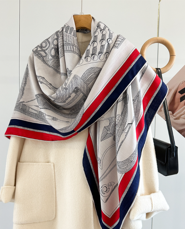 70% Cashmere 30% Silk Wrap Scarf Double Face Print Shawl 53'' Gray horse Print