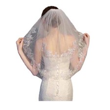 Flower Bride Wedding Veil for Bride Short Ivory Lace 2T Two-tier Veil Waist L...