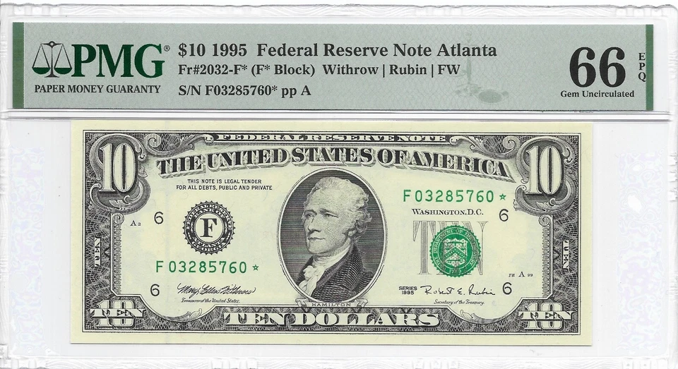 1995 $10 ATLANTA * STAR * ⭐️ FRN. PMG GEM Uncirculated 66 EPQ Banknote. SCARCE - Image 2 of 3