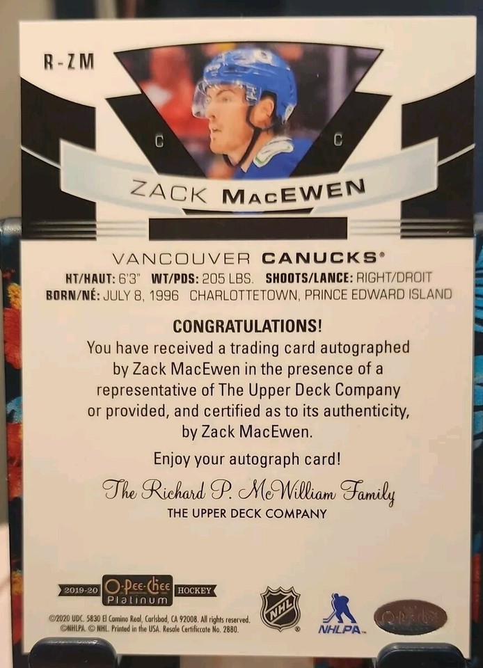 201920 OPeeChee Platinum Rookie Autos RZM Zack MacEwen (AU, RC