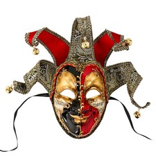 Jester Face Venetian Masquerade Mask in Red and Black for Costume Balls