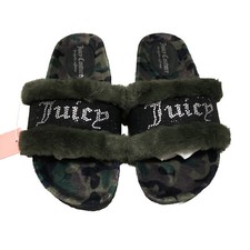 Juicy Couture Slide Slippers Faux Fur Crystals Green Camo Womens Size 9