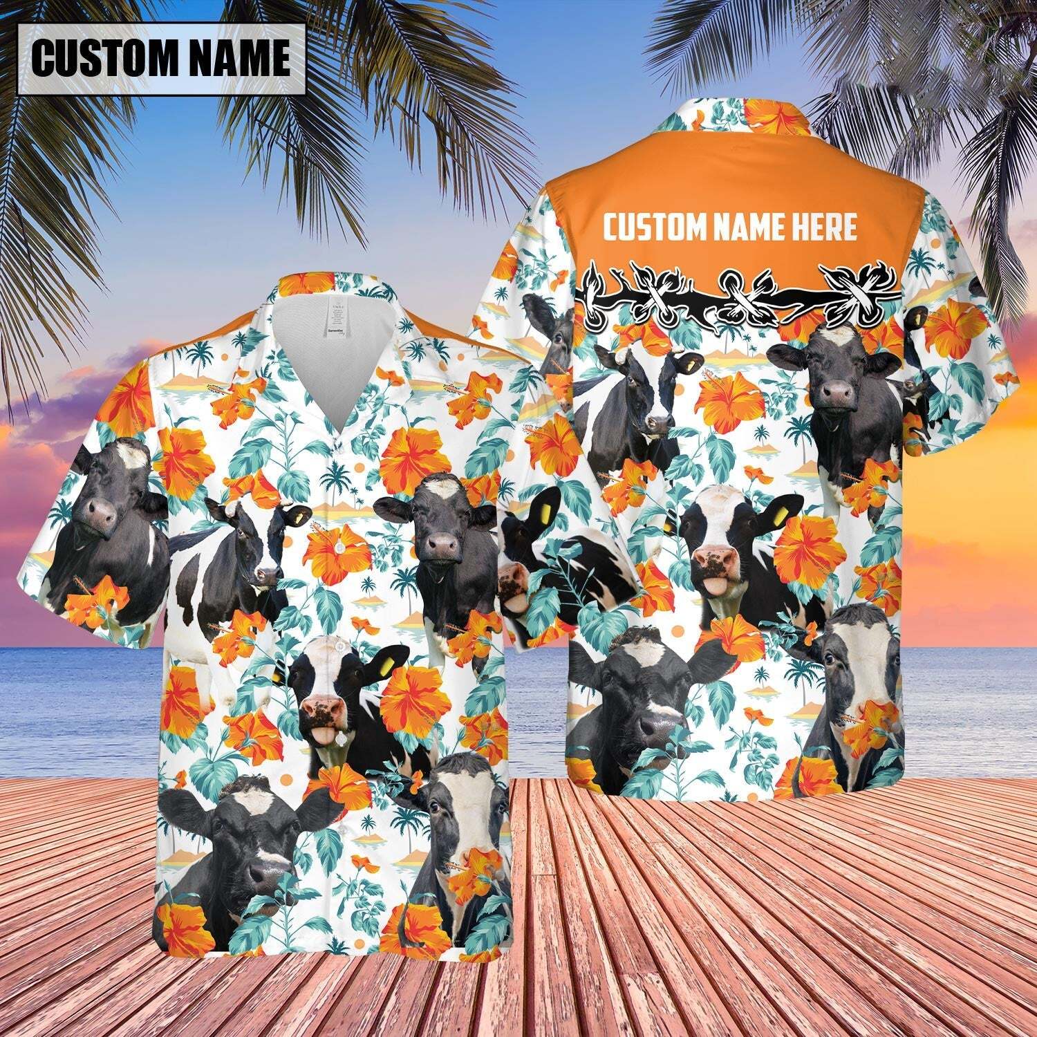 Personalized Unique Holstein Hibiscus Floral 3D Hawaiian Shirt