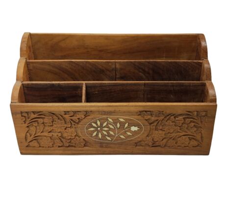 Vintage Letter Mail Desk Organizer Hand Carved Wood Made in India w Floral Inlay - Picture 1 of 14