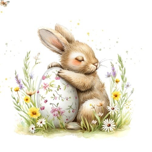 4 x Paper Napkins/33cm/3Ply/Decoupage/Easter/Little Rabbit/Meadow Flowers/Egg