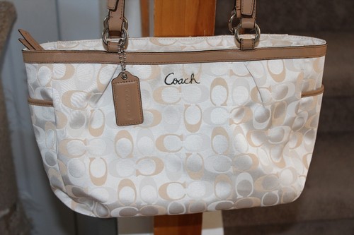 coach signature cream bag with purple interior