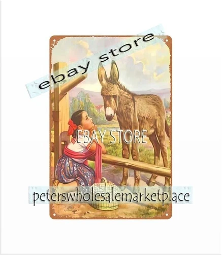 VINTAGE REPRO MEXICAN Calendar Girl donkey metal tin sign retro garage signs
