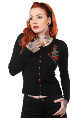 Banned-Apparel-UK Black Anchor and Roses Tattoo Cardigan