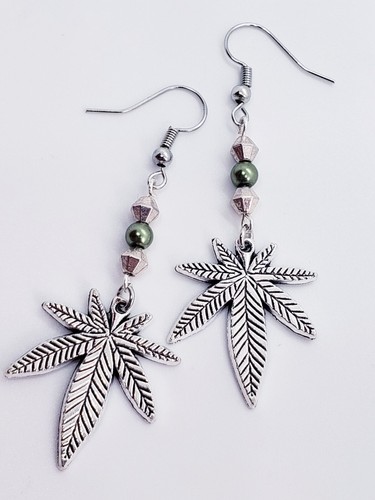Silver Marijuana Cannabis Weed Leaf Dangle Earrings - Picture 2 of 4
