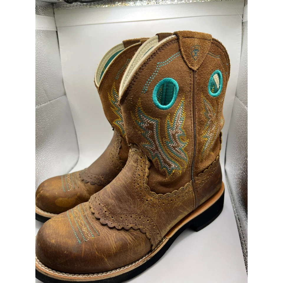 Ariat Women's 7.5 B Brown Leather Western Cowboy Boots Turquoise - Image 3 of 4