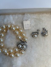 Vtg Marvella Faux Pearl Rhinestone Necklace & Earrings Set In Carson Box