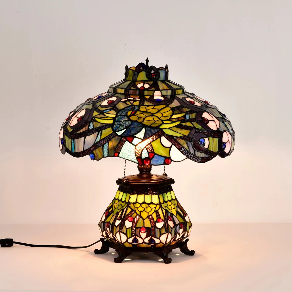 Lámpara de mesa estilo pavo real Tiffany blanca Foto 4 de 4