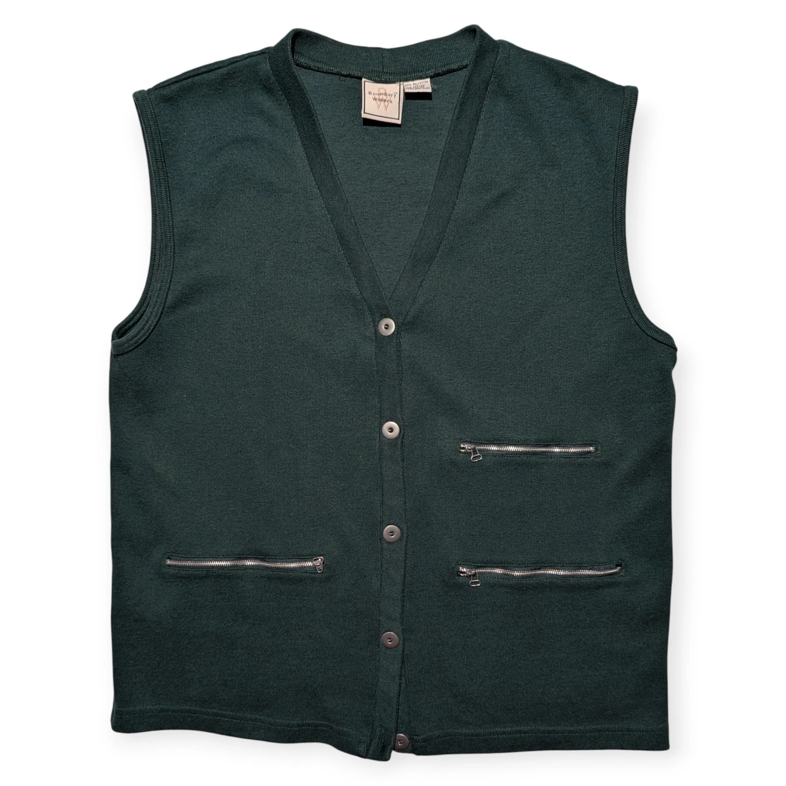 Vintage Boundary Waters Green Outdoor Vest Large Zip Front Metal Buttons Retro