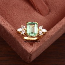 Lab Created Light Green Sapphire Emerald Cut Silver Ring Golden Band
