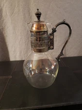 Vintage Carafe Glass Pitcher -Silver-plated Neck & Handle & Lid