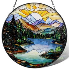 Stained Glass Window Hanging - Sunset Mountains Lake Tree Suncatchers Stain G...