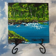 River Pond Trees Forest Landscape Original Art Painting Signed 4x4 in