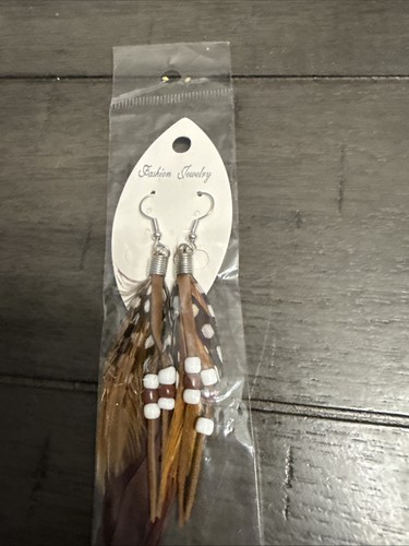 Boho Feather Dangle Hook Earrings Brown Spotted Pattern Beaded Festival  BNWT