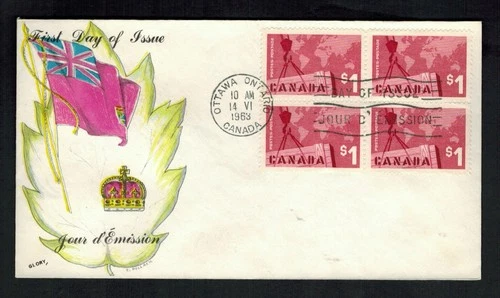 Canada #411, 1963 $1 Export block of 4, Glory cachet FDC, VF
