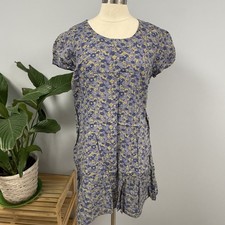 April Cornell Short Dress L  Blue /Gold Floral Tiered Drop Waist Cottagecore