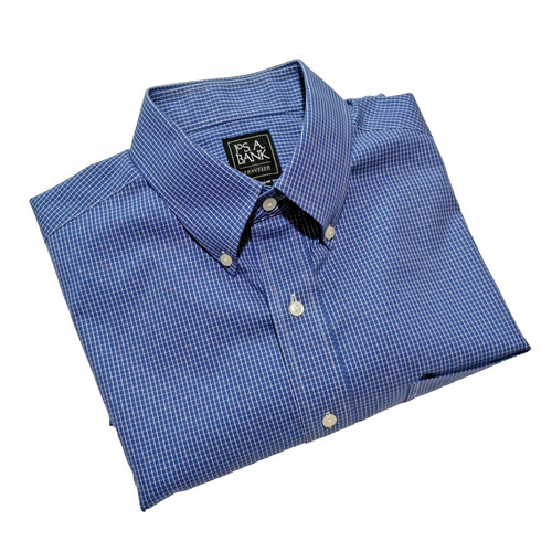 Jos A Bank Traveler Shirt Mens 16-34 Blue Micro Check Button Down Long Sleeve