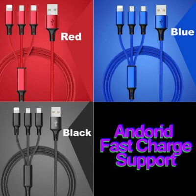 Durable 3in1 Fast Multi-Charging Cable for Android, Micro-USB, and iPhone, 3ft