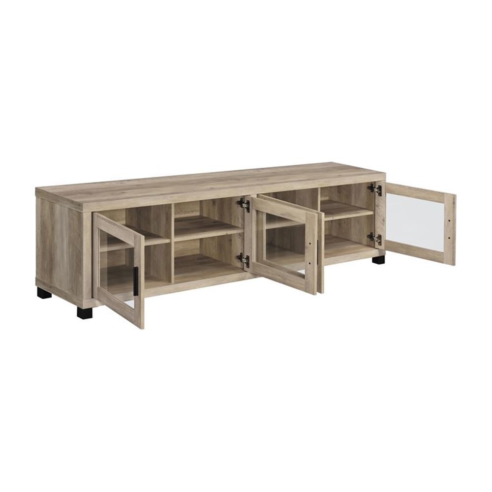 Maklaine Wood TV Stand with Glass Door for TVs up to 85" in Brown Antique Pine