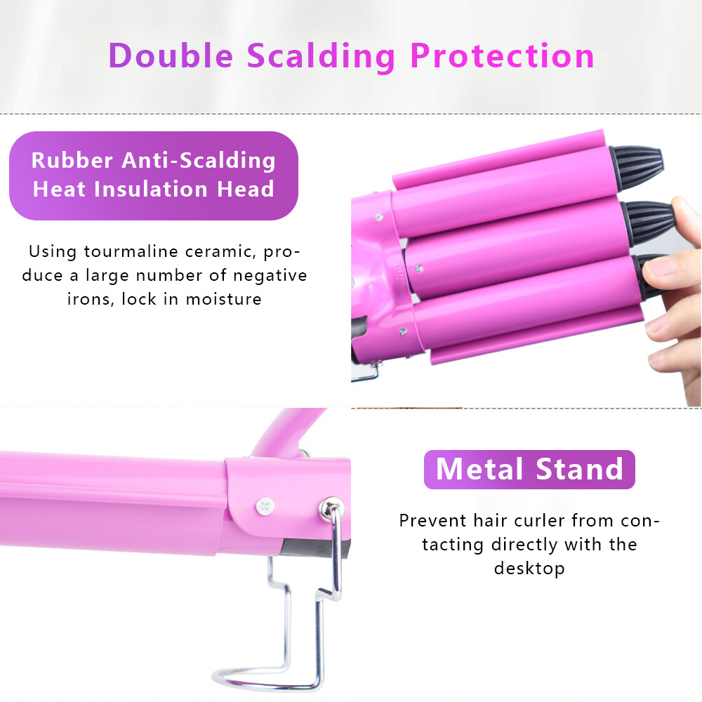 Hair Salon Ceramic 3 Triple Barrel Hair Wave Waver Curling Iron Curler Wand Pink