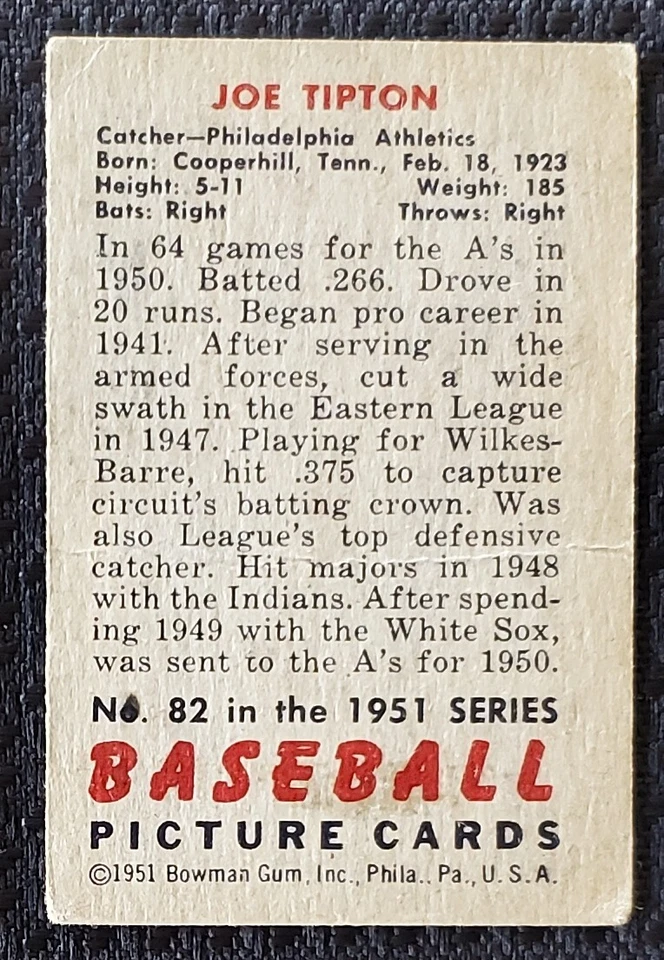 1951 Joe Tipton Philadelphia Athletics Bowman MLB Card #82 - Image 2 of 2