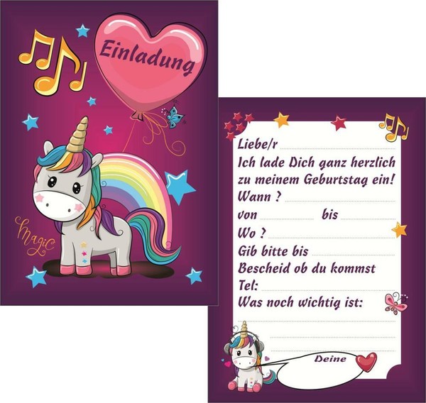 12 Kinder Geburtstag Einladungskarten Karte Einladung Party Einhorn EinhöRner-image
