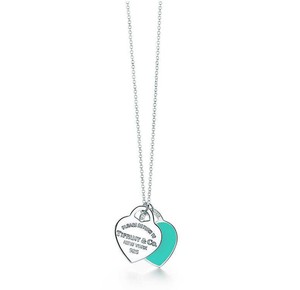 Tiffany & Co Sterling Silver BLUE Enamel Double Heart Tag Pendant Necklace 18